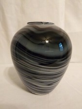 Hand Blown Art Glass Round Vase with Swirl Design Black,Purple,Gray Swirls READ