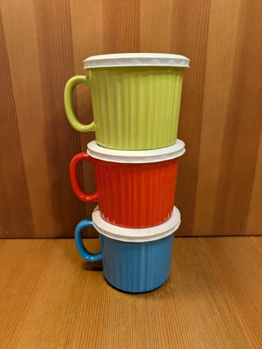 (3) Corning Ware COLOURS Handled Stoneware Soup Mug Cup 20oz w/Vented Lids LNUC
