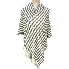 Charlotte Daniel Hooded Poncho Cream Gray Zig Zag Fringed OS One Size Tunic