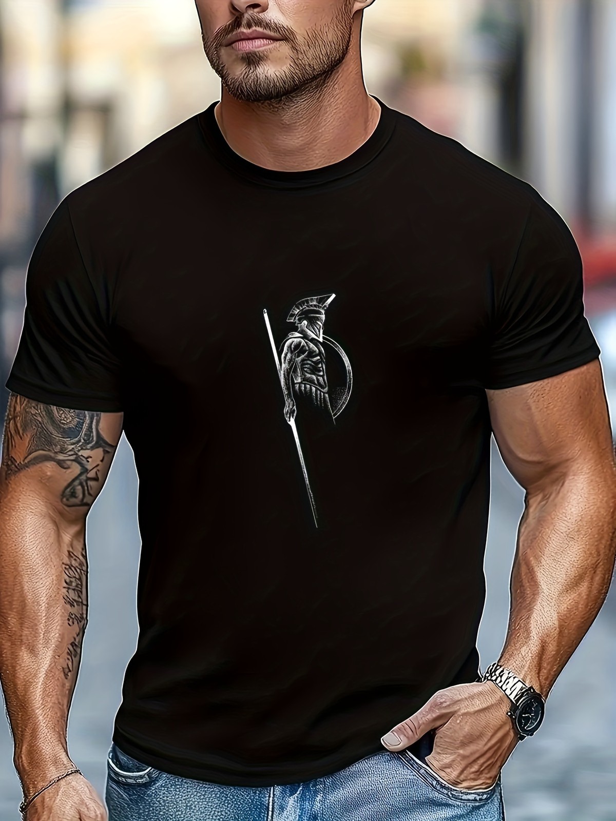 Casual T-Shirt for Men with a Round Neck Featuring a Spartan Warrior Design