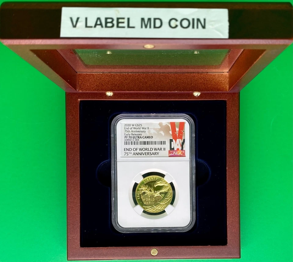 2020 End of World War II 75th Anniversary W $25 Gold Medal PF70 ER V LABEL - Image 2 of 4