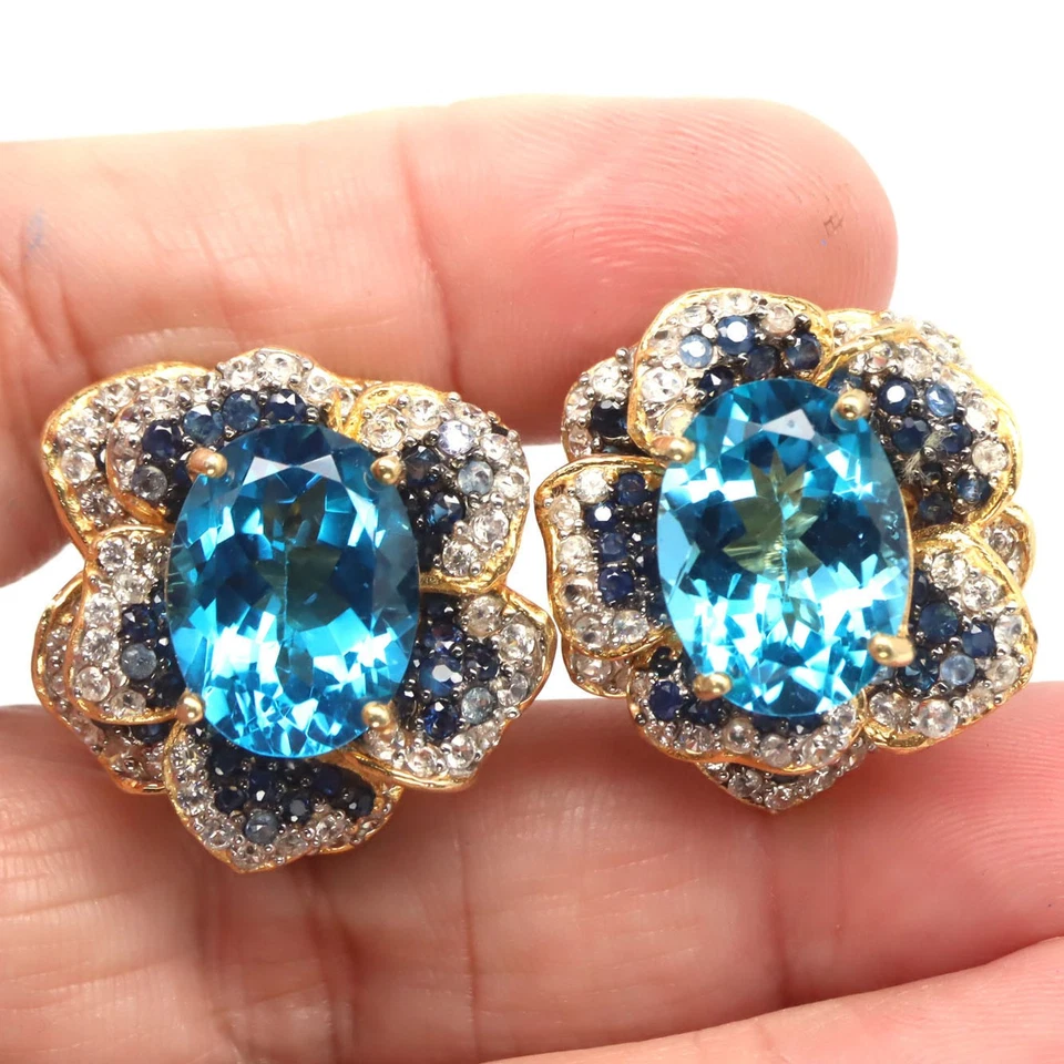 925 Sterling Silver 12 x 16 MM. Swiss Blue Topaz, Sapphire & Zircon Earrings - Image 2 of 4