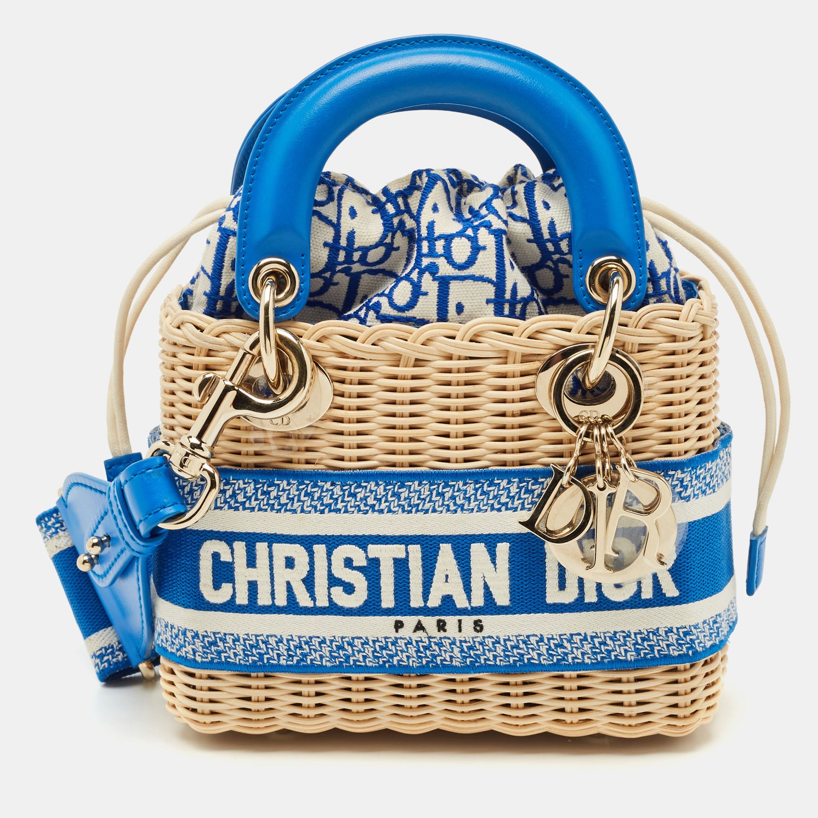 Dior Mini Lady Dior Tote in Blue Cream Rattan and Fabric