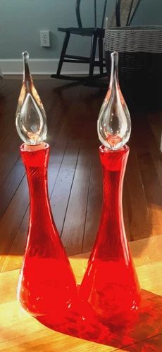 MCM PR Bischoff Blenko Ruby Red Glass Decanters Controlled Bubbles Flame Stopper