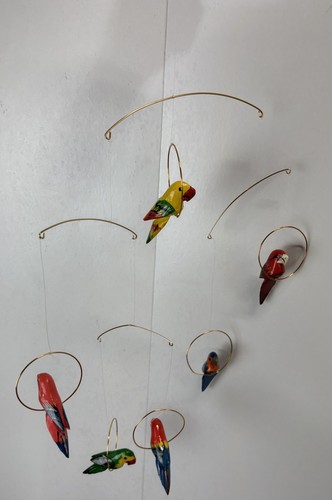 Vintage Wooden Macaw Parrots On Perch (6) Hanging Mobile Decoration Painted 80s