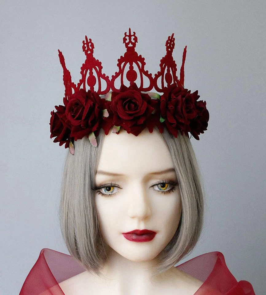 Diadema rosa corona vintage de Halloween tocado floral gótico (rojo terciopelo) Foto 4 de 4