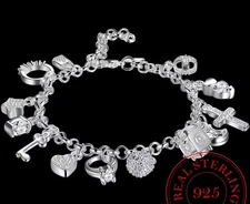 NEW! Bracelet 8" .925 Sterling Silver Crown Key Heart Lock Cross 13 Charms Chain
