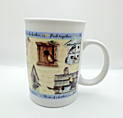 Birds of a Feather Flock Together Coffee Mug with Images of Birds and Birdhouses