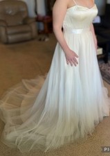 Wedding Dress Sz 14 Ivory A-line Tulle Satin Rhinestone Straps Cleaned Preserved