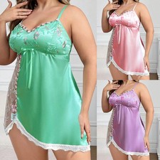 Women's Satin Embroidery Mesh Nightdress Chemise Satin Dress Babydoll Nightgown