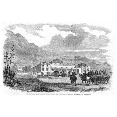 SÜDAFRIKA FRANZÖSISCHE GENERÄLE AM SEEPUNKT KAPSTADTHAUS - ANTIKER DRUCK 1860