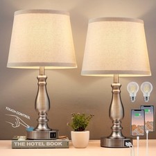 Lamps for Bedrooms Set of 2, Brushed Nickel Bedside Lamps with USB Ports