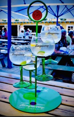 Tanqueray Gin Advertising Green Metal Tree Stand Glasses Holder 4 Glasses In Box