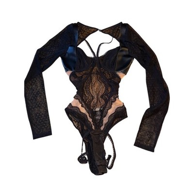 For Love & Lemons Skivvies Bodysuit Womens XS Black Lace Mesh Cutout LS gold