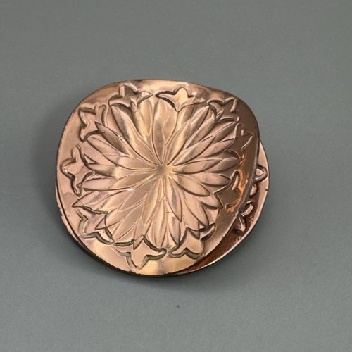 Gret Barkin Copper Double Disc Floral Embossed Brooch – Mid‑Century Handwrought