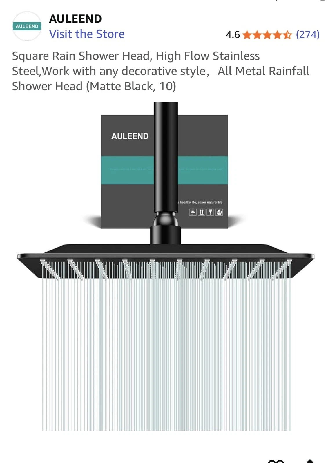 Auleend shower head, 10” , square, black, open box