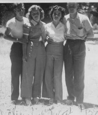 1940s Group Four Friends Smiling Outdoors Casual Attire Vintage Cars Fun Outing