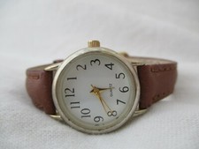 Watch Brown Buckle Band Round White Face Silver Toned Case Minimalist