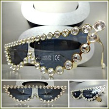 Classy Elegant Exotic RETRO CAT EYE Style SUN GLASSES Gold Frame Bling Crystals