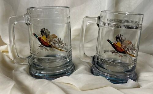 Set of 2 Princess House Colonial Game Birds Pheasant Design Glass Beer Mugs