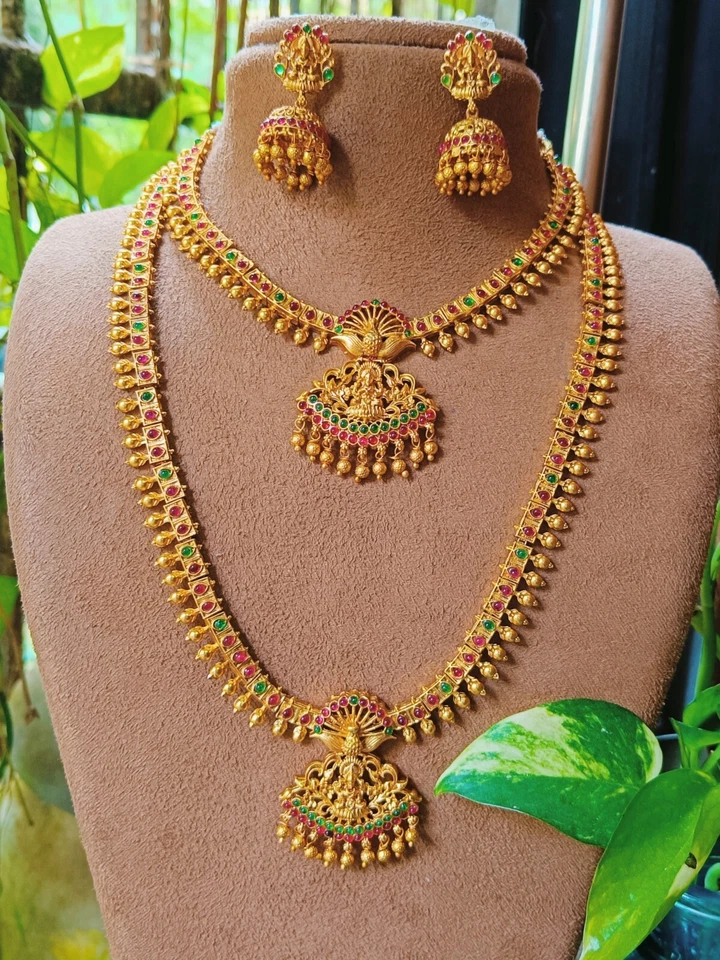 Traditionell Lang Halskette Set Vergoldet Süd Indien Tempel Ethnisch Schmuck Neu