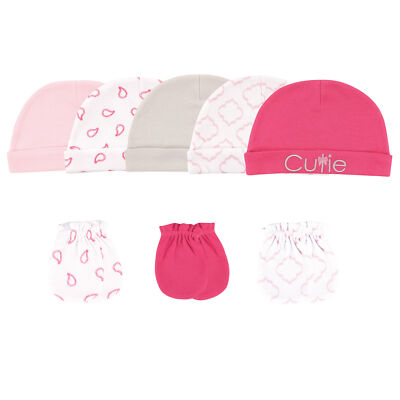 Luvable Friends Cotton Caps and Scratch Mittens 8pk, Cutie, 0-6 Months