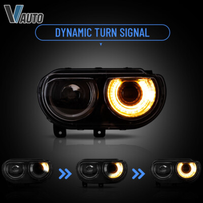 Ikon Motorsports Compatible With 15-23 Dodge Challenger Sequential LED Halo Drl Projector Headlights Pair