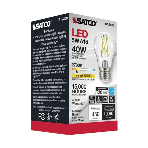 Satco S12400 LED Filament Bulb 120V 5W A15 Medium E26 Clear 2700K Warm White - Picture 3 of 6
