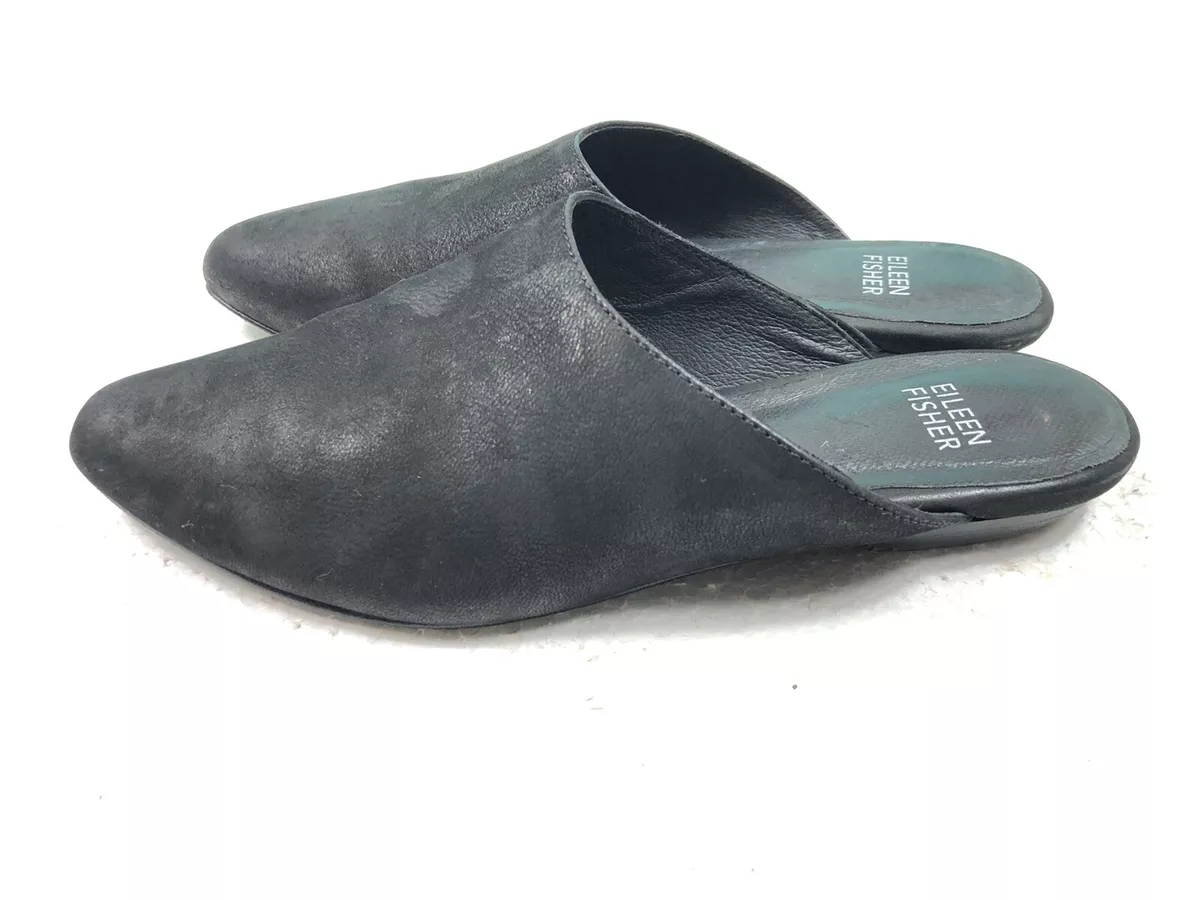 Eileen Fisher Slides Mules Low Heel Shoe Black Leather Slip Ons Women s Size 5.5