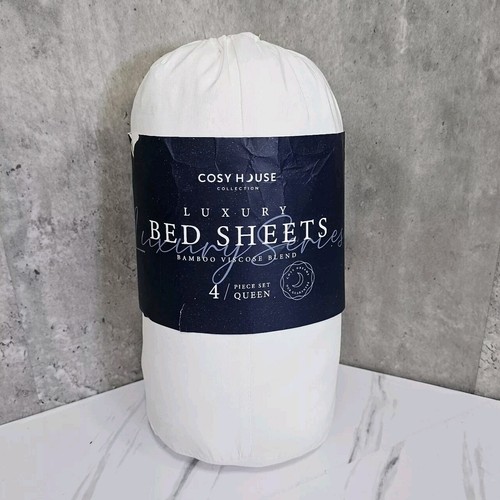 Cosy House Luxury Bamboo WHITE QUEEN Sheet Set Hypoallergenic Corner Straps