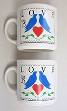 SET 2 USPS LOVE DOVE USA $.25 Stamp White Coffee Mugs Cups 1988