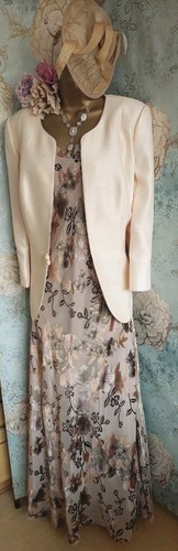 Jacques Vert Dress Jacket Beige Taupe Cream Floral Silk Evening Wedding 18 20 - Picture 8 of 23
