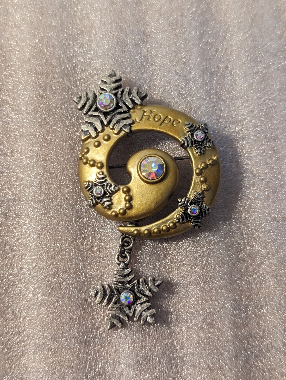 Vtg Gold Tone Pewter Snowflake HOPE Brooch W/ Aurora Borealis Crystal Stone.