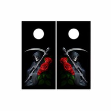 Grim Reaper Resting Rose Tattoo Flash Cornhole Wraps Vinyl Decals Sitting Skull