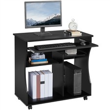 Computer Desk with Wheels & Shelves Black MDF for Office Home PC Laptop Study