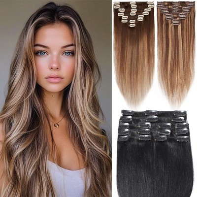 Deluxe THICK Natural Clip In Remy Human Hair Extensions Full Head Ombre/Balayage