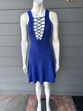 Blue Lace-Up Fit & Flare Dress Sleeveless V-Neck Short Party/Cocktail