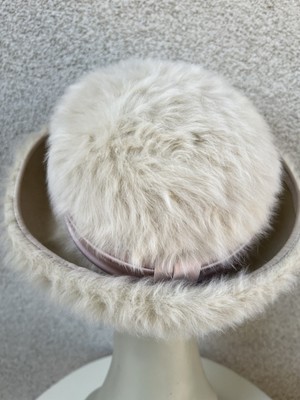 Vtg 60s Hat Bowler Style Beige Fur Felt Lilac Ribbon Marce  display picture 2