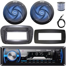 Pyle Single-DIN Marine Stereo W/Install Kit  Adapter Plate, 2x 6" LED Speakers