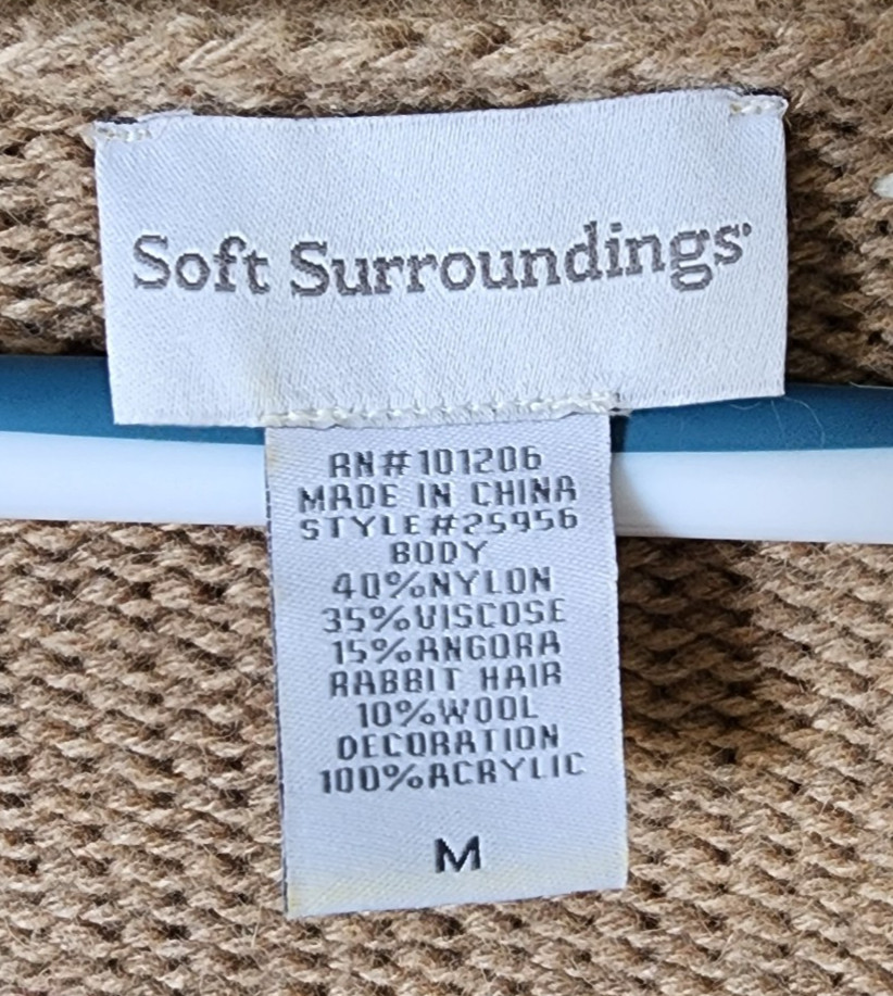 Soft Surroundings Women's M L/S Knit Sweater Embroidered Floral Boho Beige/White