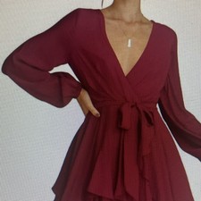 Burgundy Ruffle Layered V-Neck Long Sleeve Tie Mini Dress for Women