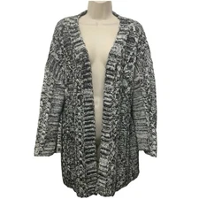 POL Marled Cable Knit Kimono Sleeve Cardigan M Black White Chunky Open Front