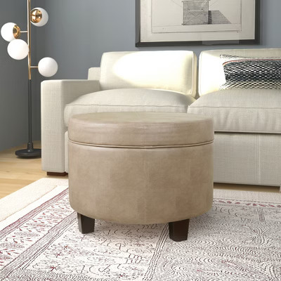 HomePop Round Storage Ottoman Faux Leather Living Room Bedroom Taupe