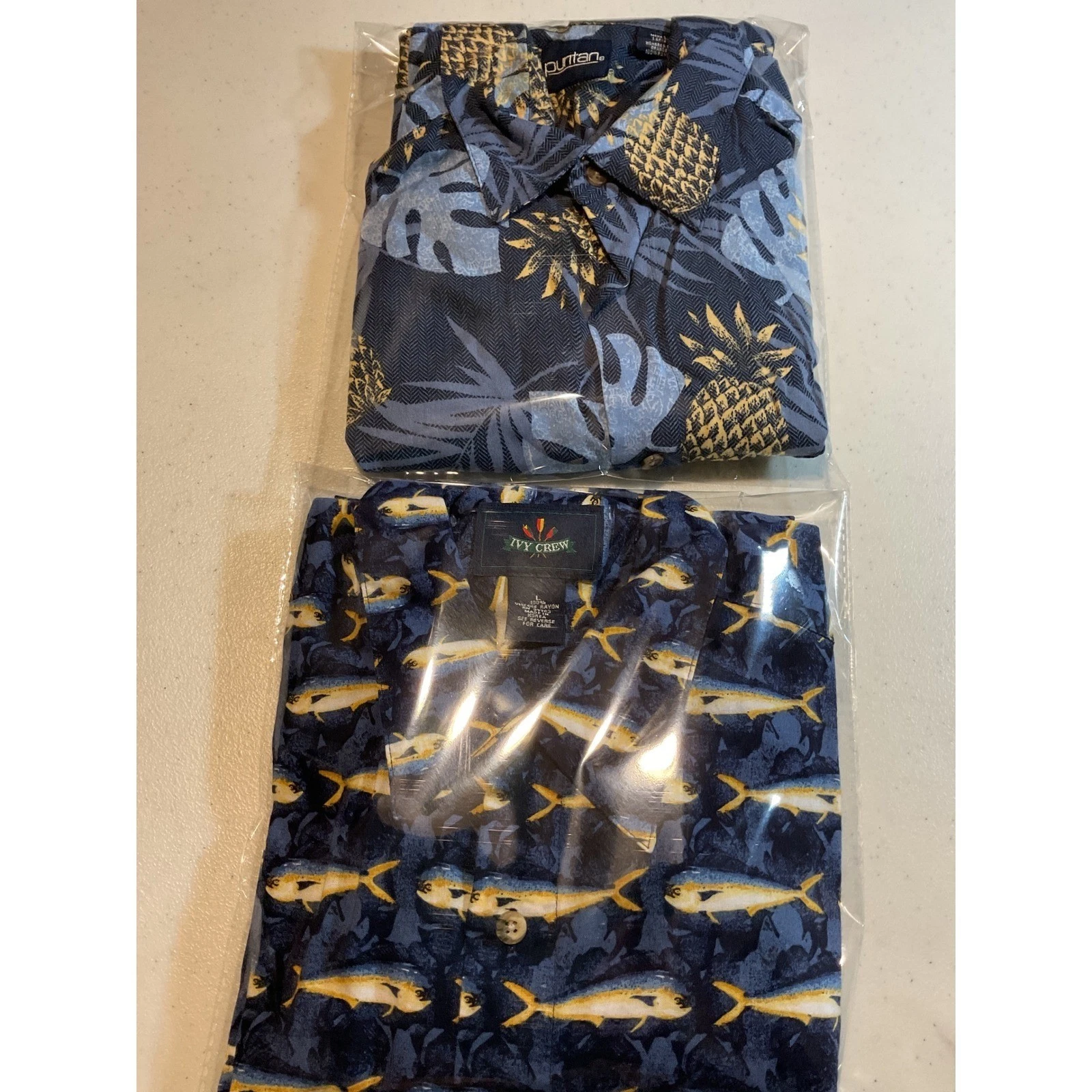 2 Rayon Shirts Ivy Crew Mens Mahi Mahi Fish Puritan Print Button Blue Sleeve LG