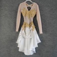 Custom Figure Ice Skating Dress White Gold Crystal Mesh Competition Dance Size 7