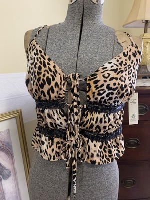Cheetah Print Cami Top with Lace Trim, Tie Front Bows Women s Size XS NEW