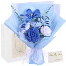 Blue Crochet Flower Bouquet Knitted Roses Tulips Mother's Day Gift Decor