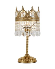 Vintage Gold Crown Shape Crystal Table Lamp for Living Room, Small Bedside Ni...