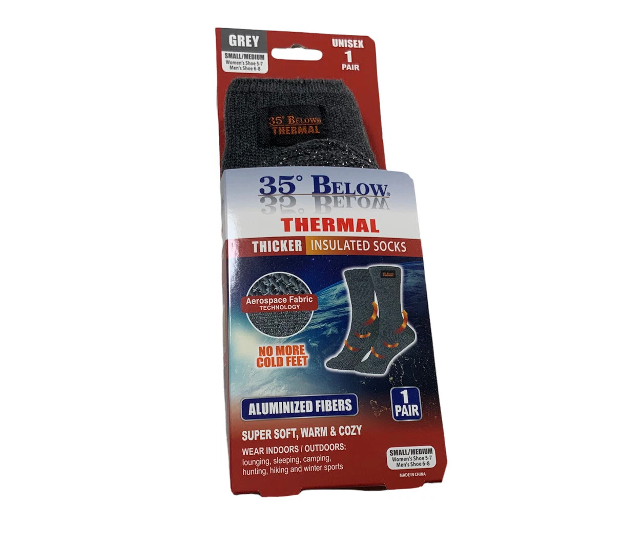 35° Below Thermal Socks Aluminized FibersAcrylicWarming 1 Pair Grey Small/Medium