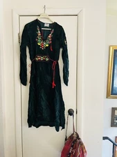 VTG 70s Victorian Whimsygoth Boho Velvet Fairycore Art Deco Embroidered Dress M